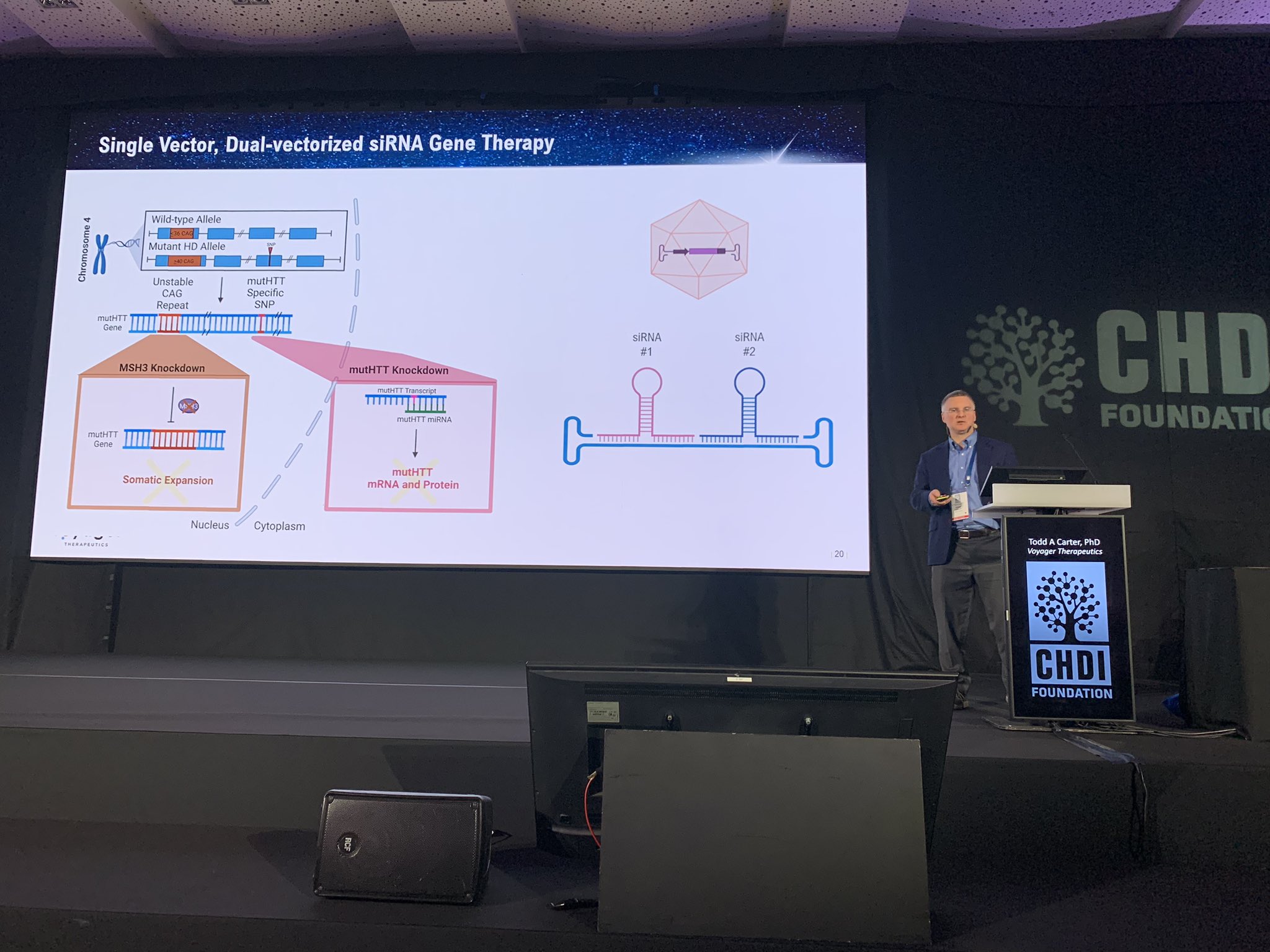 C'est un double !! Le Dr Todd Carter de la compagnie Voyager Therapeutics présente leur nouvelle technologie virale qui leur permettrait d'administrer des produits thérapeutiques contre DEUX cibles au cerveau.