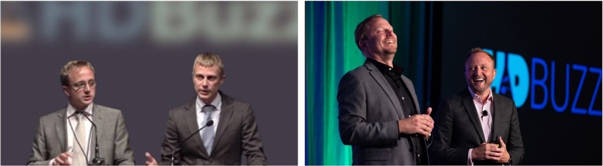 Hier et aujourd'hui: Ed et Jeff en 2011 lors d'une de leurs premières présentations de HDBuzz (gauche)et plus tard en 2023 lors d'une présentation au congrès HDSA(droite)  